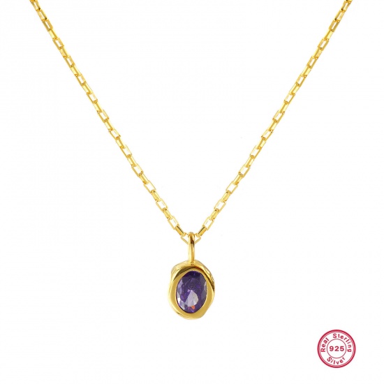 Imagen de 1 Piece Sterling Silver Birthstone Pendant Charm Necklace 18K Gold Plated Oval June Purple Cubic Zirconia 45cm(17.7") long