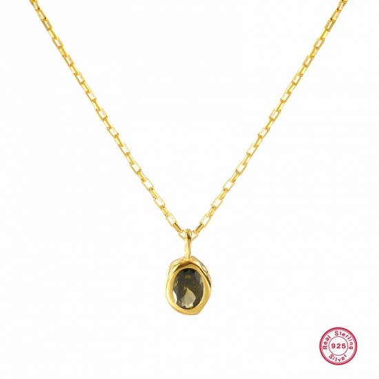 Imagen de 1 Piece Sterling Silver Birthstone Pendant Charm Necklace 18K Gold Plated Oval August Olive Green Cubic Zirconia 45cm(17.7") long