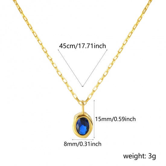 Imagen de 1 Piece Sterling Silver Birthstone Pendant Charm Necklace 18K Gold Plated Oval September Royal Blue Cubic Zirconia 45cm(17.7") long