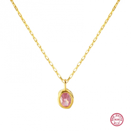 Imagen de 1 Piece Sterling Silver Birthstone Pendant Charm Necklace 18K Gold Plated Oval October Pink Cubic Zirconia 45cm(17.7") long