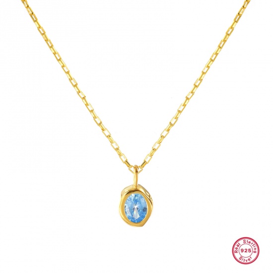 Imagen de 1 Piece Sterling Silver Birthstone Pendant Charm Necklace 18K Gold Plated Oval December Light Blue Cubic Zirconia 45cm(17.7") long