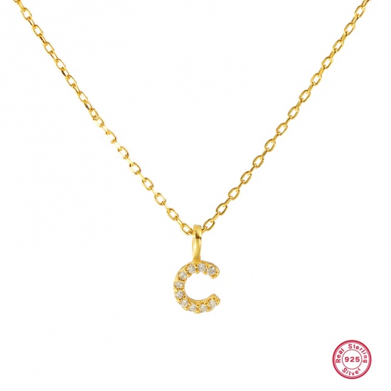 Bild von 1 Piece Sterling Silver Capital Alphabet Initial Letter Name Pendant Charm Necklace 18K Gold Plated Message " C " Clear Cubic Zirconia 45cm(17.7") long
