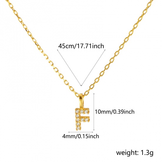 Bild von 1 Piece Sterling Silver Capital Alphabet Initial Letter Name Pendant Charm Necklace 18K Gold Plated Message " F " Clear Cubic Zirconia 45cm(17.7") long