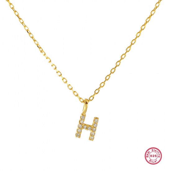 Bild von 1 Piece Sterling Silver Capital Alphabet Initial Letter Name Pendant Charm Necklace 18K Gold Plated Message " H " Clear Cubic Zirconia 45cm(17.7") long