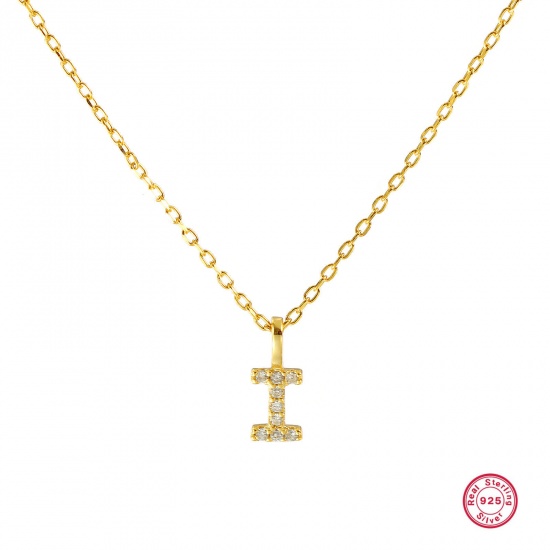 Bild von 1 Piece Sterling Silver Capital Alphabet Initial Letter Name Pendant Charm Necklace 18K Gold Plated Message " I " Clear Cubic Zirconia 45cm(17.7") long