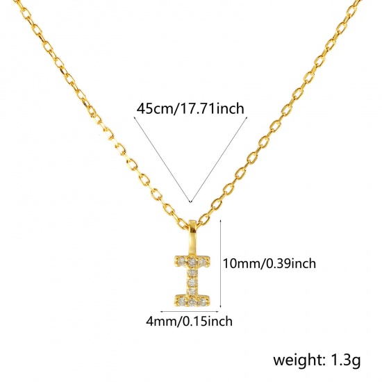 Bild von 1 Piece Sterling Silver Capital Alphabet Initial Letter Name Pendant Charm Necklace 18K Gold Plated Message " I " Clear Cubic Zirconia 45cm(17.7") long