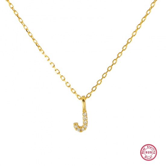 Bild von 1 Piece Sterling Silver Capital Alphabet Initial Letter Name Pendant Charm Necklace 18K Gold Plated Message " J " Clear Cubic Zirconia 45cm(17.7") long