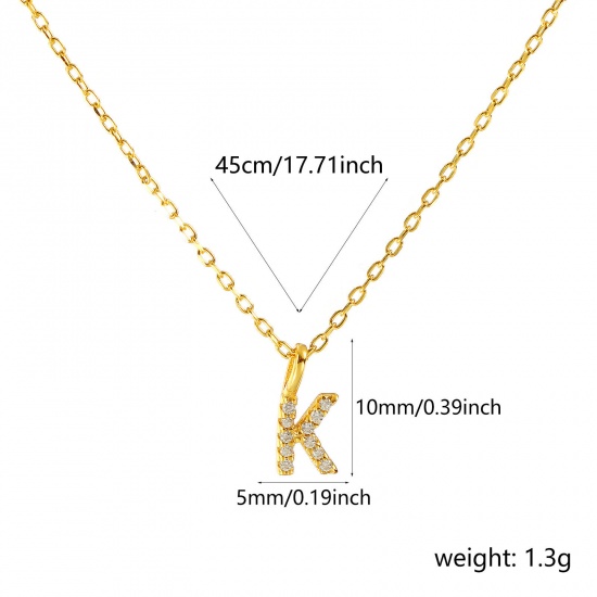 Bild von 1 Piece Sterling Silver Capital Alphabet Initial Letter Name Pendant Charm Necklace 18K Gold Plated Message " K " Clear Cubic Zirconia 45cm(17.7") long