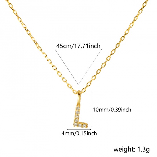 Bild von 1 Piece Sterling Silver Capital Alphabet Initial Letter Name Pendant Charm Necklace 18K Gold Plated Message " L " Clear Cubic Zirconia 45cm(17.7") long