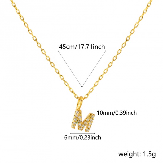 Bild von 1 Piece Sterling Silver Capital Alphabet Initial Letter Name Pendant Charm Necklace 18K Gold Plated Message " M " Clear Cubic Zirconia 45cm(17.7") long