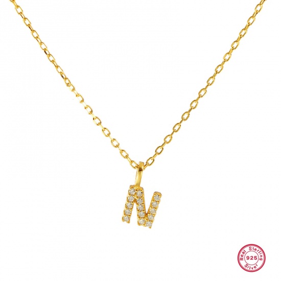 Bild von 1 Piece Sterling Silver Capital Alphabet Initial Letter Name Pendant Charm Necklace 18K Gold Plated Message " N " Clear Cubic Zirconia 45cm(17.7") long