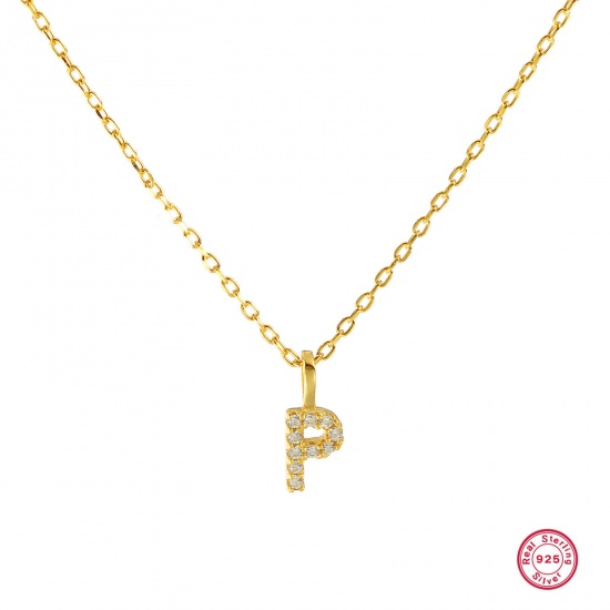 Bild von 1 Piece Sterling Silver Capital Alphabet Initial Letter Name Pendant Charm Necklace 18K Gold Plated Message " P " Clear Cubic Zirconia 45cm(17.7") long