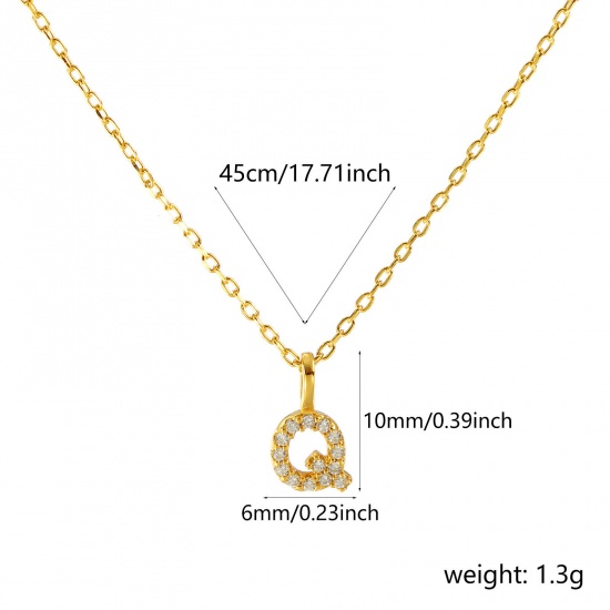 Bild von 1 Piece Sterling Silver Capital Alphabet Initial Letter Name Pendant Charm Necklace 18K Gold Plated Message " Q " Clear Cubic Zirconia 45cm(17.7") long