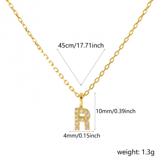 Bild von 1 Piece Sterling Silver Capital Alphabet Initial Letter Name Pendant Charm Necklace 18K Gold Plated Message " R " Clear Cubic Zirconia 45cm(17.7") long