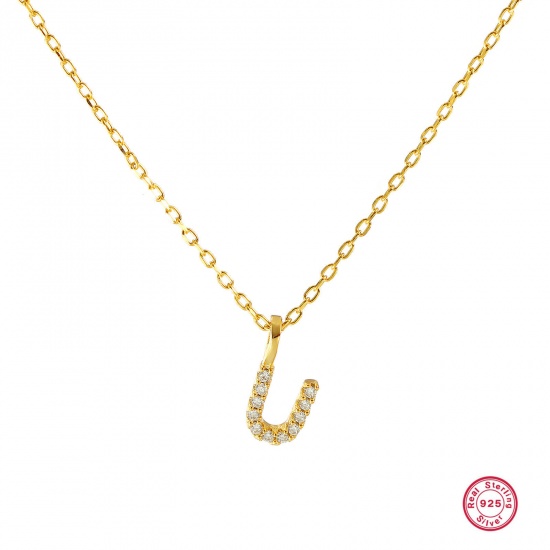 Bild von 1 Piece Sterling Silver Capital Alphabet Initial Letter Name Pendant Charm Necklace 18K Gold Plated Message " U " Clear Cubic Zirconia 45cm(17.7") long
