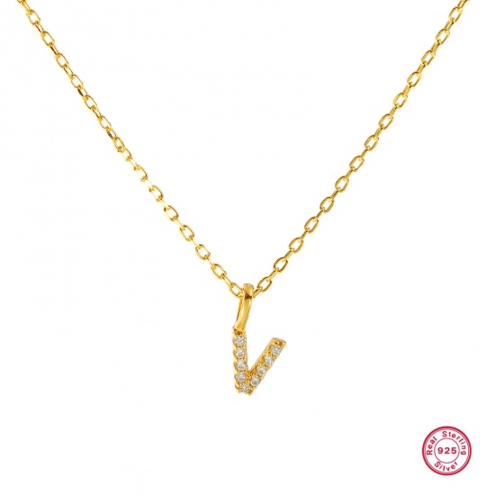 Bild von 1 Piece Sterling Silver Capital Alphabet Initial Letter Name Pendant Charm Necklace 18K Gold Plated Message " V " Clear Cubic Zirconia 45cm(17.7") long