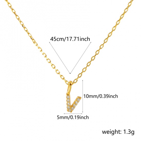 Bild von 1 Piece Sterling Silver Capital Alphabet Initial Letter Name Pendant Charm Necklace 18K Gold Plated Message " V " Clear Cubic Zirconia 45cm(17.7") long
