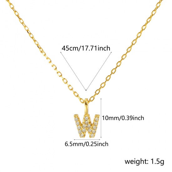 Bild von 1 Piece Sterling Silver Capital Alphabet Initial Letter Name Pendant Charm Necklace 18K Gold Plated Message " W " Clear Cubic Zirconia 45cm(17.7") long