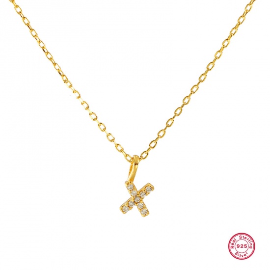 Bild von 1 Piece Sterling Silver Capital Alphabet Initial Letter Name Pendant Charm Necklace 18K Gold Plated Message " X " Clear Cubic Zirconia 45cm(17.7") long