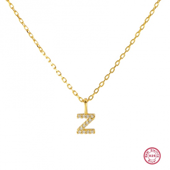 Bild von 1 Piece Sterling Silver Capital Alphabet Initial Letter Name Pendant Charm Necklace 18K Gold Plated Message " Z " Clear Cubic Zirconia 45cm(17.7") long