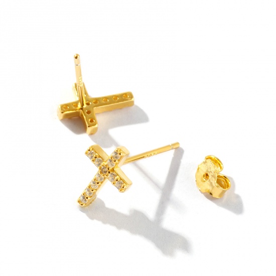 Picture of 1 Pair Sterling Silver Religious Ear Post Stud Earrings Gold Plated Cross Clear Cubic Zirconia With Stoppers 9mm x 6mm, Post/ Wire Size: 0.7mm(21 gauge)