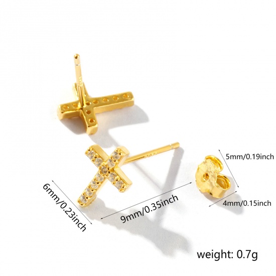 Picture of 1 Pair Sterling Silver Religious Ear Post Stud Earrings Gold Plated Cross Clear Cubic Zirconia With Stoppers 9mm x 6mm, Post/ Wire Size: 0.7mm(21 gauge)