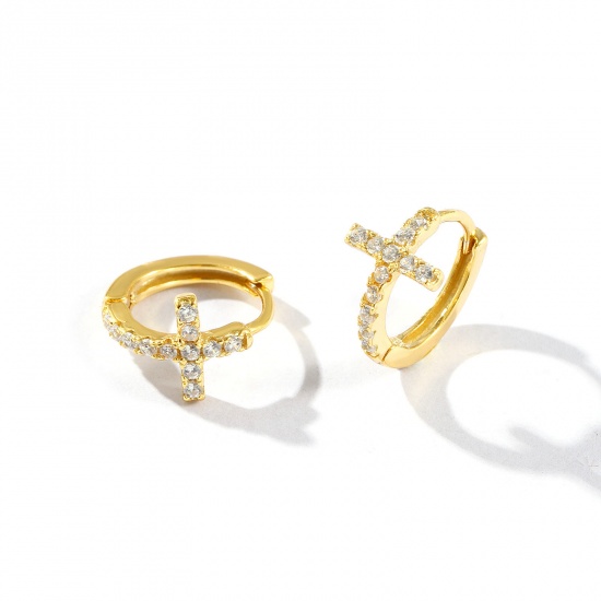 Picture of 1 Pair Sterling Silver Religious Hoop Earrings Gold Plated Cross Clear Cubic Zirconia Micro Pave 11.5mm x 7mm, Post/ Wire Size: 0.7mm(21 gauge)