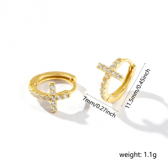 Picture of 1 Pair Sterling Silver Religious Hoop Earrings Gold Plated Cross Clear Cubic Zirconia Micro Pave 11.5mm x 7mm, Post/ Wire Size: 0.7mm(21 gauge)
