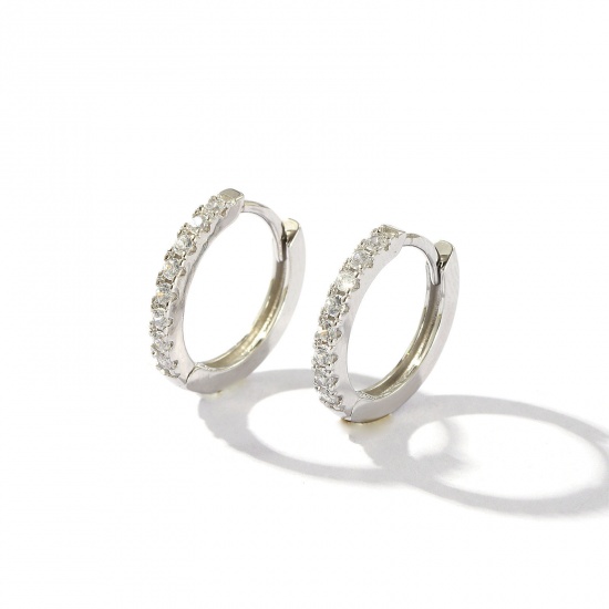Picture of 1 Pair Sterling Silver Exquisite Hoop Earrings Platinum Plated Clear Cubic Zirconia Micro Pave 13.5mm Dia., Post/ Wire Size: 0.8mm(20 gauge)