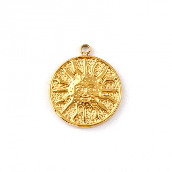 Picture of 1 Piece Eco-friendly PVD Vacuum Plating Waterproof Anti-Tarnish Hypoallergenic 304 Stainless Steel Galaxy Charms 18K Real Gold Plated Round Disc Sun 21mm x 18mm
