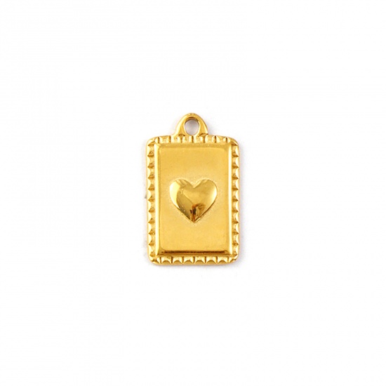 Picture of 1 Piece Eco-friendly PVD Vacuum Plating Waterproof Anti-Tarnish Hypoallergenic 304 Stainless Steel Valentine's Day Charms 18K Real Gold Plated Rectangle Heart 16mm x 10mm