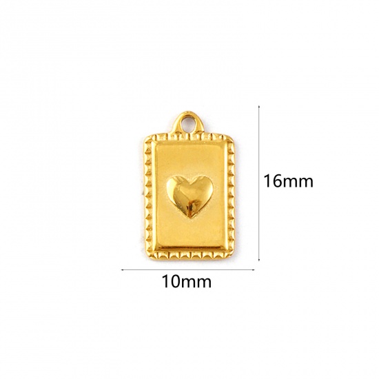 Picture of 1 Piece Eco-friendly PVD Vacuum Plating Waterproof Anti-Tarnish Hypoallergenic 304 Stainless Steel Valentine's Day Charms 18K Real Gold Plated Rectangle Heart 16mm x 10mm
