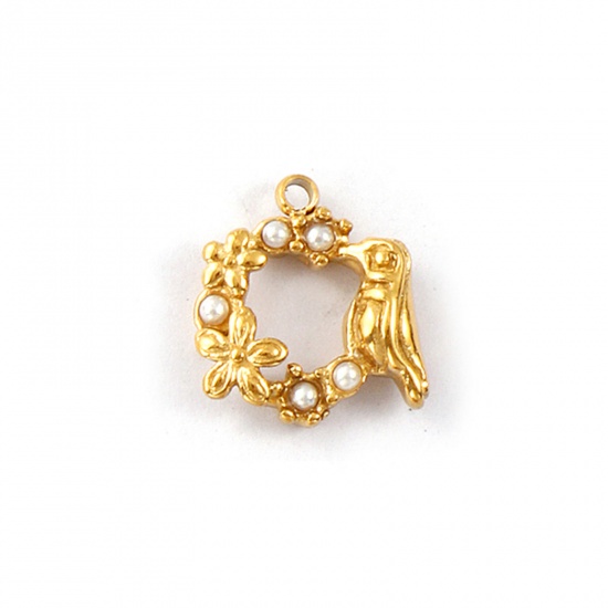Picture of 1 Piece Eco-friendly PVD Vacuum Plating Waterproof Anti-Tarnish Hypoallergenic 304 Stainless Steel Charms 18K Real Gold Plated White Bird Animal Flower Acrylic Imitation Pearl 14mm x 13mm