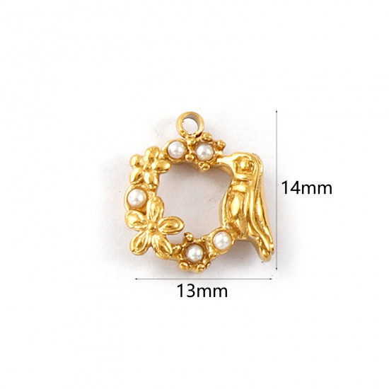 Picture of 1 Piece Eco-friendly PVD Vacuum Plating Waterproof Anti-Tarnish Hypoallergenic 304 Stainless Steel Charms 18K Real Gold Plated White Bird Animal Flower Acrylic Imitation Pearl 14mm x 13mm