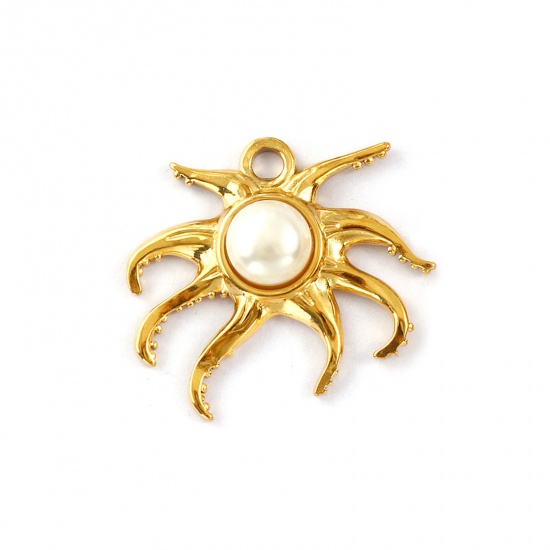 Picture of 1 Piece Eco-friendly PVD Vacuum Plating Waterproof Anti-Tarnish Hypoallergenic 304 Stainless Steel Galaxy Charms 18K Real Gold Plated Sun Acrylic Imitation Pearl 3cm x 2.7cm