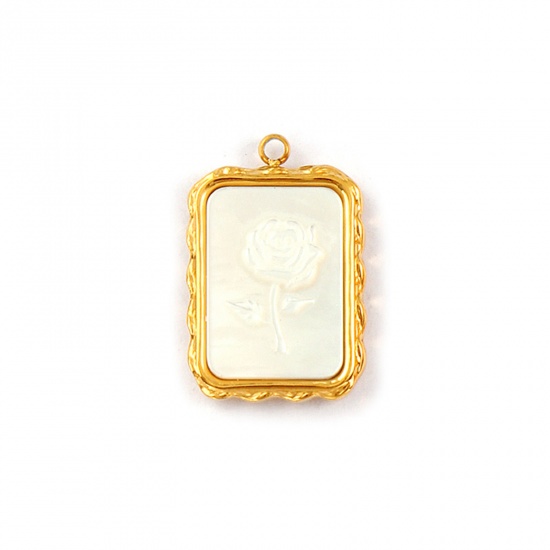 Picture of 1 Piece Eco-friendly PVD Vacuum Plating Waterproof Anti-Tarnish Hypoallergenic 304 Stainless Steel & Natural Shell Valentine's Day Charms 18K Real Gold Plated White Rectangle Rose Flower Message " We Belong Togather " Double Sided 21mm x 14mm
