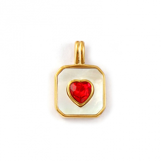 Picture of 1 Piece Eco-friendly PVD Vacuum Plating Waterproof Anti-Tarnish Hypoallergenic 304 Stainless Steel & Natural Shell Valentine's Day Charms 18K Real Gold Plated White Octagon Heart Red Rhinestone 23mm x 15mm