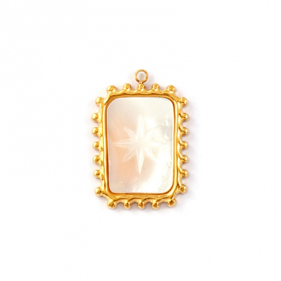 Picture of 1 Piece Eco-friendly PVD Vacuum Plating Waterproof Anti-Tarnish Hypoallergenic 304 Stainless Steel & Natural Shell Galaxy Charms 18K Real Gold Plated White Rectangle Star 25mm x 17mm