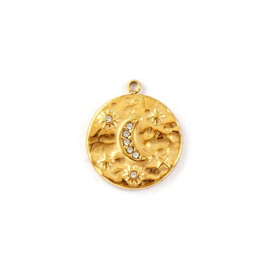 Picture of 1 Piece Eco-friendly PVD Vacuum Plating Waterproof Anti-Tarnish Hypoallergenic 304 Stainless Steel Galaxy Charms 18K Real Gold Plated Round Disc Moon Micro Pave Clear Cubic Zirconia 18.5mm x 16mm