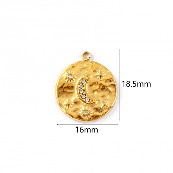 Picture of 1 Piece Eco-friendly PVD Vacuum Plating Waterproof Anti-Tarnish Hypoallergenic 304 Stainless Steel Galaxy Charms 18K Real Gold Plated Round Disc Moon Micro Pave Clear Cubic Zirconia 18.5mm x 16mm