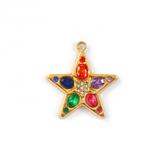 Picture of 1 Piece Eco-friendly PVD Vacuum Plating Waterproof Anti-Tarnish Hypoallergenic 304 Stainless Steel Galaxy Charms 18K Real Gold Plated Pentagram Star Micro Pave Multicolor Rhinestone 22.5mm x 21mm