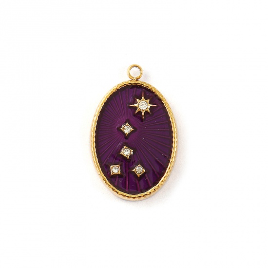 Picture of 1 Piece Eco-friendly PVD Vacuum Plating Waterproof Anti-Tarnish Hypoallergenic 304 Stainless Steel Galaxy Charms 18K Real Gold Plated Dark Purple Enamel Oval Star Micro Pave Clear Cubic Zirconia 21mm x 13.5mm