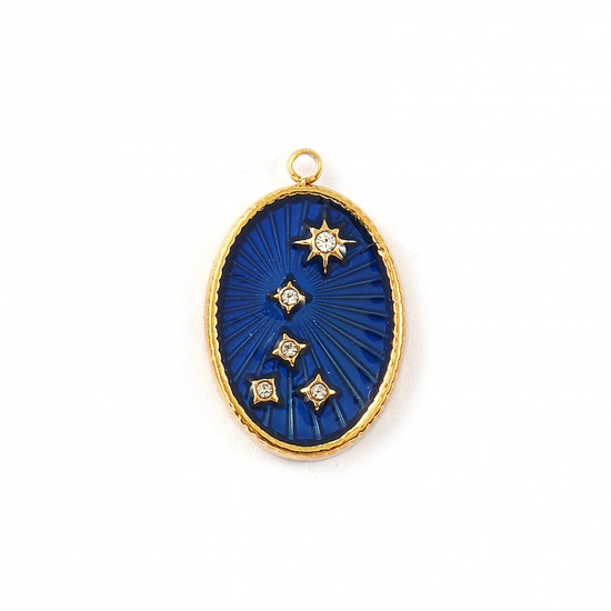 Picture of 1 Piece Eco-friendly PVD Vacuum Plating Waterproof Anti-Tarnish Hypoallergenic 304 Stainless Steel Galaxy Charms 18K Real Gold Plated Dark Blue Enamel Oval Star Micro Pave Clear Cubic Zirconia 21mm x 13.5mm