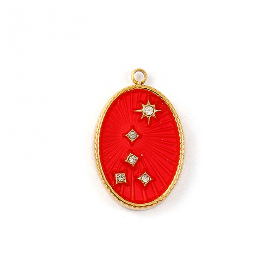 Picture of 1 Piece Eco-friendly PVD Vacuum Plating Waterproof Anti-Tarnish Hypoallergenic 304 Stainless Steel Galaxy Charms 18K Real Gold Plated Red Enamel Oval Star Micro Pave Clear Cubic Zirconia 21mm x 13.5mm