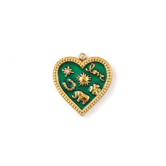 Picture of 1 Piece Eco-friendly PVD Vacuum Plating Waterproof Anti-Tarnish Hypoallergenic 304 Stainless Steel Valentine's Day Charms 18K Real Gold Plated Green Enamel Heart Sun Message " LOVE " Micro Pave Clear Cubic Zirconia 20mm x 19mm