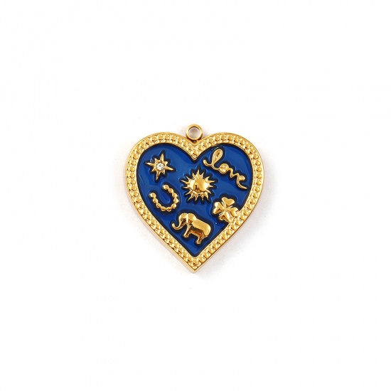 Picture of 1 Piece Eco-friendly PVD Vacuum Plating Waterproof Anti-Tarnish Hypoallergenic 304 Stainless Steel Valentine's Day Charms 18K Real Gold Plated Dark Blue Enamel Heart Sun Message " LOVE " Micro Pave Clear Cubic Zirconia 20mm x 19mm