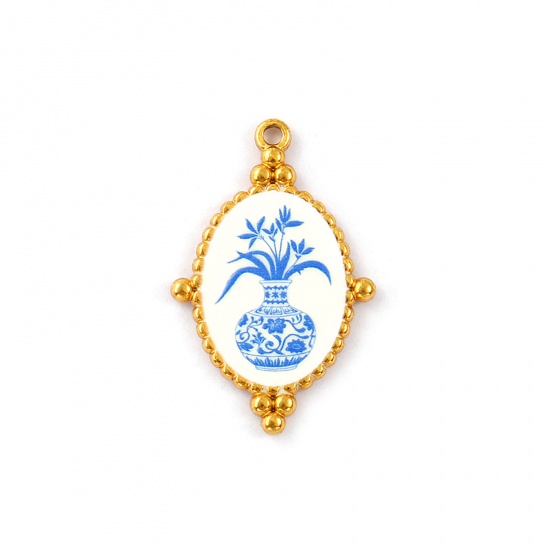 Immagine di 2 Pz Placcatura Sottovuoto PVD Ecologica Impermeabile Anti-Ossidante Ipoallergenico 304 Acciaio Inossidabile Ciondoli Pendenti 18K Vero Oro Placcato Blu Ovale Orchidea Stampato 3.2cm x 2.1cm
