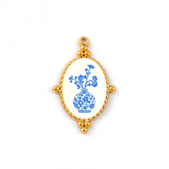Immagine di 2 Pz Placcatura Sottovuoto PVD Ecologica Impermeabile Anti-Ossidante Ipoallergenico 304 Acciaio Inossidabile Ciondoli Pendenti 18K Vero Oro Placcato Blu Ovale Fiore di Susina Stampato 3.2cm x 2.1cm