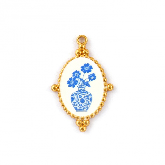 Immagine di 2 Pz Placcatura Sottovuoto PVD Ecologica Impermeabile Anti-Ossidante Ipoallergenico 304 Acciaio Inossidabile Ciondoli Pendenti 18K Vero Oro Placcato Blu Ovale Fiore del Cosmo Stampato 3.2cm x 2.1cm
