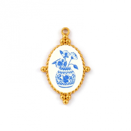 Immagine di 2 Pz Placcatura Sottovuoto PVD Ecologica Impermeabile Anti-Ossidante Ipoallergenico 304 Acciaio Inossidabile Ciondoli Pendenti 18K Vero Oro Placcato Blu Ovale Camelia Stampato 3.2cm x 2.1cm